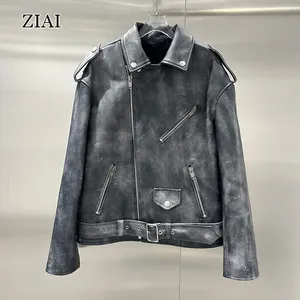 Fashion Rubbed Leather Jacket Cowhide Heavy Industry Lapel Motorcycle Style Loose Jacket