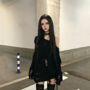 Sexy Ripped Black Sweater Women - Fashionable Off-Shoulder Knit Top with Distressed Details, Slimming Gothic Pullover <strong>Jumper</strong> - Product Image 5