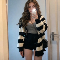 Schicke Schwarz-Weiß Gestreifte Strickjacke - Übergroßer Gemütlicher Pullover für Damen, Weicher Warmer Herbst-Winter Mode-Oberteil