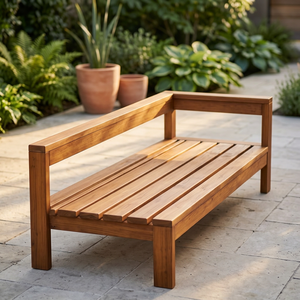 Cama de exterior moderna de madera de teca con respaldo de listones abiertos en forma de L - Product Image 1