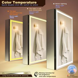 Armoire de toilette murale intelligente avec miroir LED éclairé, anti-buée, mémoire de luminosité, lumière à 3 couleurs réglable et port de charge USB pour salle de bain - Product Image 2