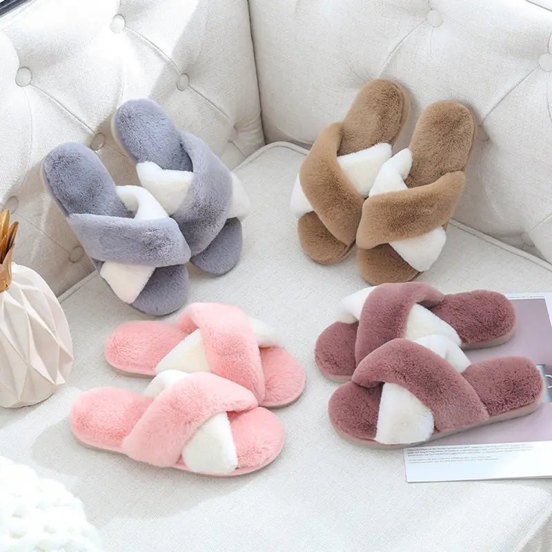 K140 Thời Trang Mùa Đông Phụ Nữ Dép Đi Trong Nhà Với Faux Fur Thời Trang Cô Gái Ấm Giày Phụ Nữ Slip On Flats Nữ Slides