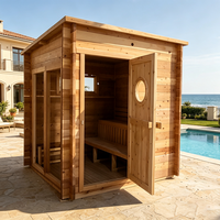Sauna Exterior Ecológica de Cedro Rojo de Lujo con Techo Inclinado Moderno y Ventana Circular, Calefacción con Estufa para Spa en el Patio Trasero