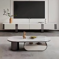 Table basse ovale en pierre frittée aspect marbre, plateau en métal brossé, rangement multi-tiroirs, luxe léger pour maison, hôtel, villa