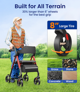 Déambulateur pliant Seniors Z21 avec siège en bambou, roues tout-terrain de 8 pouces, capacité de 350 lb, design ergonomique en arc, léger et réglable en hauteur - Product Image 5
