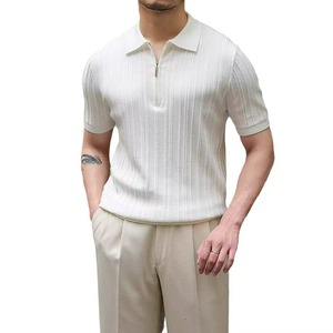 Nouveau Stock Arrivée Cachemire Rayé Col Rabattu D'été Tricoté Polo À Manches Courtes Respirant Vêtements Quotidiens pour Hommes - Product Image 1