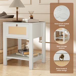 Mesita de Noche Moderna de Madera Maciza con Cajón Frontal de Ratán, Estante de Almacenamiento Abierto, Superficie Impermeable para Dormitorio, Hospital y Comedor - Product Image 3