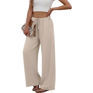 Pantalones Rectos Casuales de Verano con Estampado Oxford de BSCI Sampeel para Mujer, Pantalones Palazzo Fluidos con Cordón en la Cintura Media y Bolsillos, ODM - Product Image 2