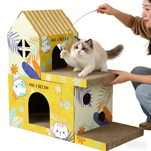 Maison de jeu pour <span class=keywords><strong>chat</strong></span> en <span class=keywords><strong>carton</strong></span> empilable avec grande porte, <span class=keywords><strong>abri</strong></span> à gratter à 2 niveaux, adorable maison pour animaux de compagnie à motifs floraux - Product Image 1