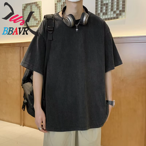 Solid Color 230gsm Cotton Men's Blank O-neck T-shirts Knit Jersey Men's Washed T-shirts <b>Summer</b> - Product Image 5