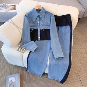 Spring Casual Long 2 Piece Set Women Breathable Anti-wrinkle Sustainable V-neck Full Sleeve <b>Top</b> Woven <b>Patchwork</b> Denim Pants - Product Image 2