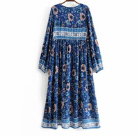204 impression florale longue robe bohême col en V à manches longues taille haute femmes décontracté coreen style longueur de plancher