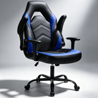 Silla de Juego de Cuero PU Negra y Azul, Ergonómica, Ajustable, Giratoria, Estilo Racing, Silla de Oficina para Computadora con Reposabrazos Abatibles