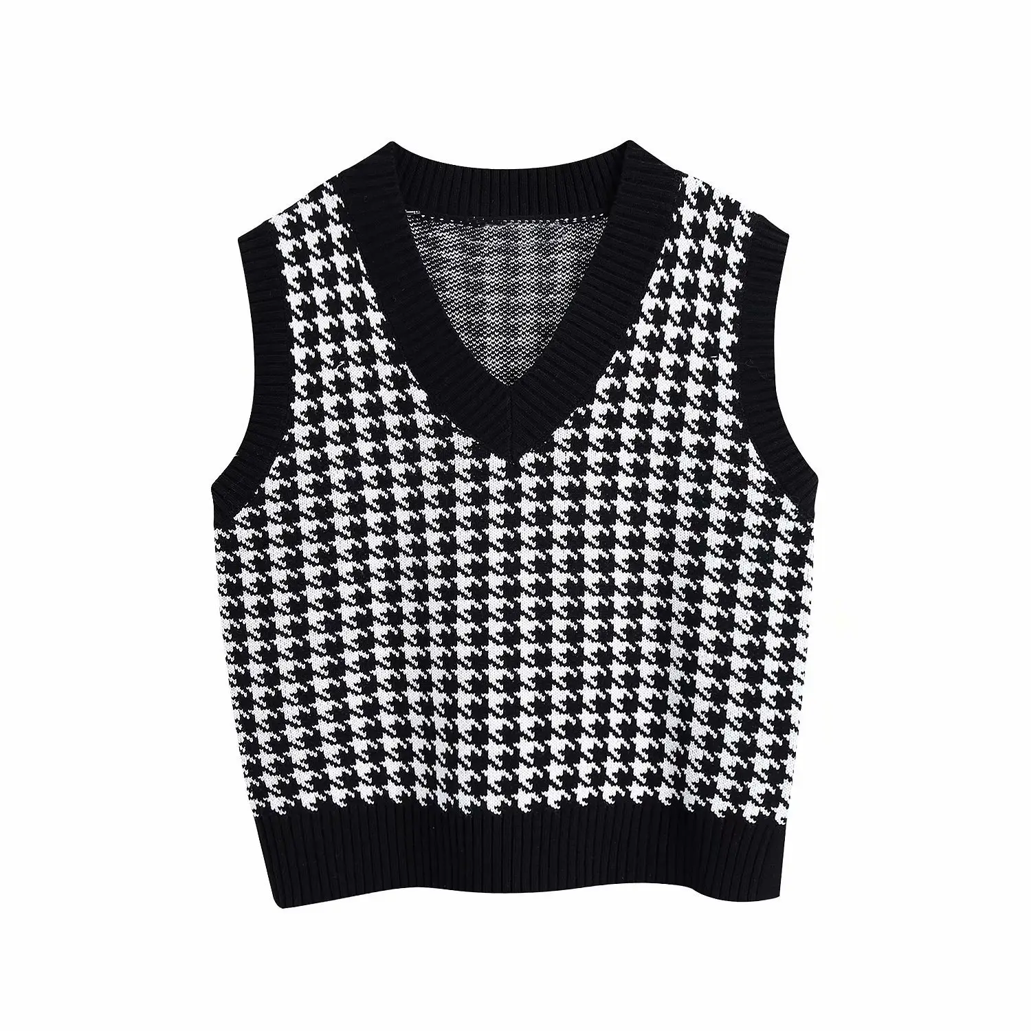 Pullover Rompi Rajut Wanita, Pakaian Rajut Pola Houndstooth Tanpa Lengan Leher V