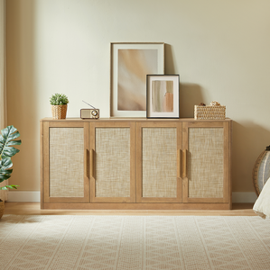 Modern Rattan 4-Door Buffet Cabinet Large <b>Sideboard</b> & Credenza for Living Room Dining Hotel Use - Product Image 4