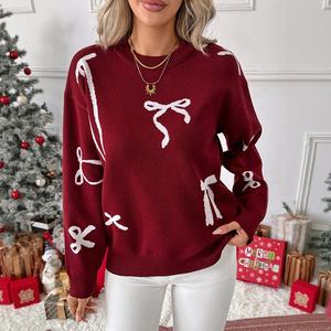 <strong>Christmas</strong> Party Sweet Bow Jacquard Round Neck Pullover Sweater <strong>Womens</strong> Autumn Winter New Cross Border Hot <strong>Sale</strong> - Product Image 1