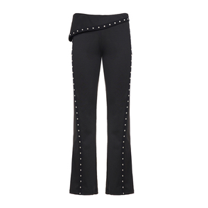 Women Rhinestone Studded Trim Knit Flared <b>Pants</b> Low Rise Stretch Casual Trousers Y2K Streetwear Bottoms - Product Image 6