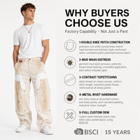 Pantalon de travail personnalisé 420GSM délavé effet vieilli avec double genouillère et surpiqûres contrastées, fabrication OEM, marque privée pour les marques