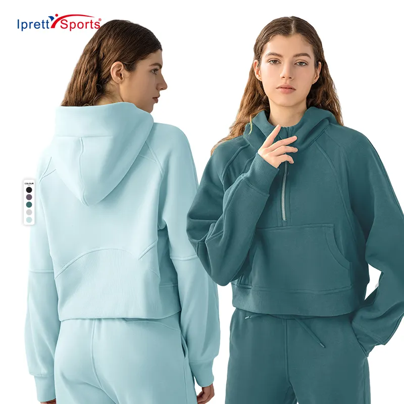 Otoño e Invierno nuevo terciopelo térmico media cremallera suéter deportivo Mujer suelta relajada moda Yoga Fitness Abrigo con capucha 5 colores