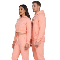 Ensemble jogging et sweat à capuche court pour femme bleu clair, décontracté, en molleton 100 % coton, écologique, respirant, couleur unie, manches longues, automne