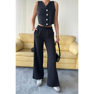 Ensemble pantalon et gilet court noir avec rayures latérales et détail ourlet fendu pour femme S - Product Image 3