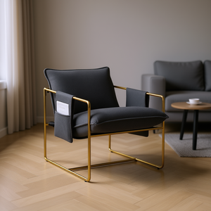 Fauteuil rembourré gris foncé avec structure en métal doré, chaise de salon moderne au design minimaliste, dossier solide et rembourrage en mousse - Product Image 2