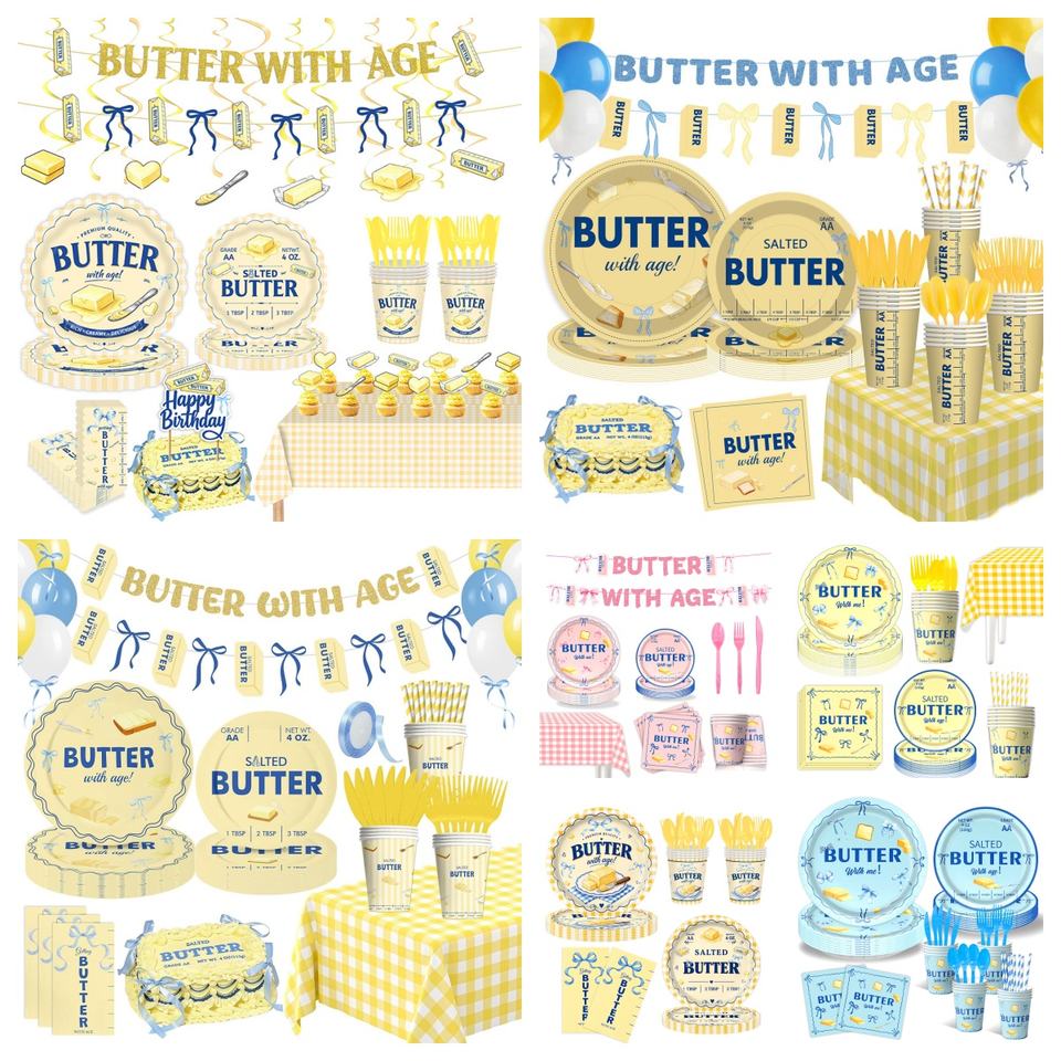 Gradution Banner Sample Butter Theme Disposable Party Tableware Set Cute Butter Print Paper ...