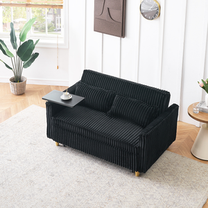 Pull-out & Push-in Foldable Reclining Black Corduroy <b>Sofa</b> with Dual Functions Movable Tabletop and USB Ports - Product Image 6