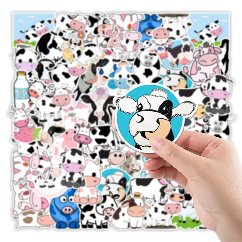 50 Stuks Cartoon Koe Stickers Waterdichte Vinyl Dieren Pvc Stickers Voor Waterfles Computer Cup Tablet