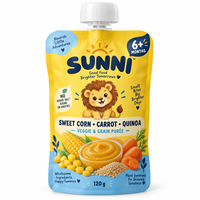 Pochette souple refermable personnalisée pour aliments pour bébés, végétalienne, sans produits laitiers, avec bec verseur et fermeture éclair, 120g, maïs sucré, carotte, quinoa, légumes, céréales