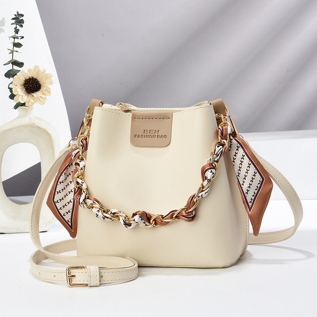 Elegant PU Leather Bucket Bag with Decorative Scarf Chain Handle and Adjustable Shoulder Strap for Daily Use