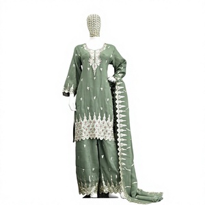 Salwar Kameez vert brodé en soie, tenue ethnique traditionnelle indienne et pakistanaise pour femmes, longueur au sol, coupe ample, pour mariage - Product Image 1