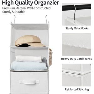 6-<b>Shelf</b> Hanging Closet Organizer Detachable 3-<b>Shelf</b> Storage For Bedroom Clothing Fabric Non-Woven Rectangular <b>Hook</b> Type - Product Image 5