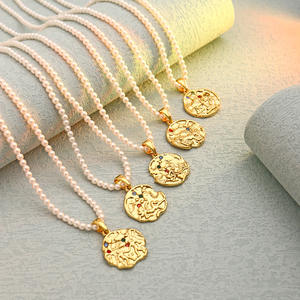 Hammered Medallion Pendant Pearl Beaded Celestial Astrology Constellations 18K Gold Plated Zodiac Jewelry Sign <strong>Coin</strong> <strong>Necklace</strong> - Product Image 5