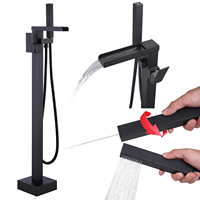 Robinet de baignoire autoportant en laiton noir-Remplisseur de baignoire au sol avec douche cascade et douche à main