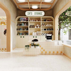 Conception d'intérieur personnalisée pour animalerie, mobilier pour salon de toilettage, aménagement de magasin de détail, solution d'aménagement moderne en bois crème pour animalerie - Product Image 1