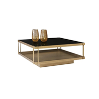 Table basse carrée moderne à double plateau, cadre en métal doré, plateau en verre trempé noir de luxe, meubles de salon