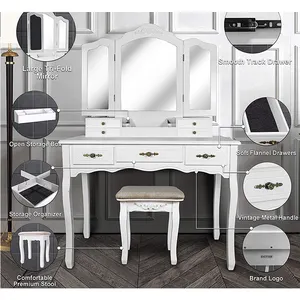 의자와 타원형 모양 거울 메이크업 책상을 가진 화장대 세트 4 서랍 허영 가구 침실 백색