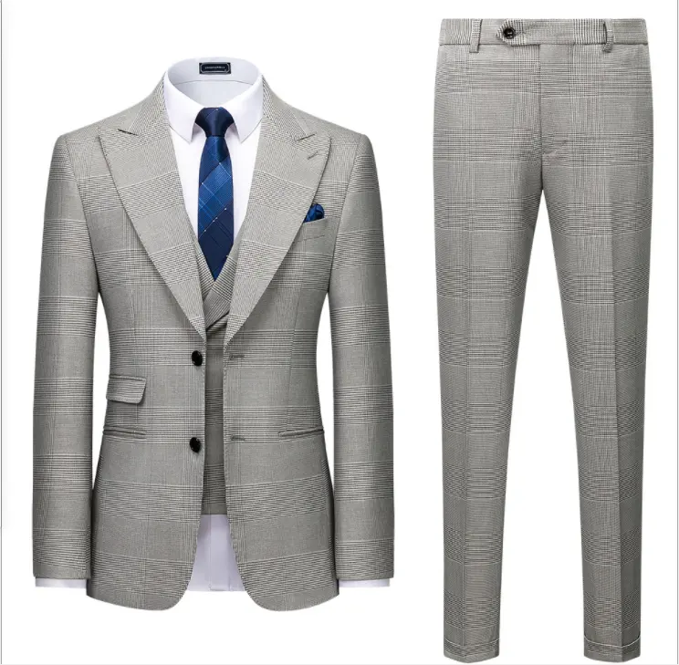 Men's suit casual British Slim business casual gray plaid three-piece suit wholesale customization
