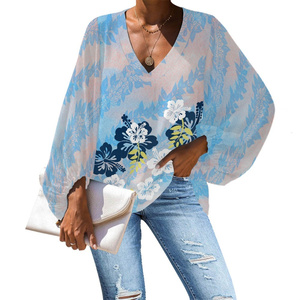 Camicie da donna con stampa tribale a forma di cialde di design hawaiiano <span class=keywords><strong>camicette</strong></span> speciali personalizzate con maniche a sbuffo per <span class=keywords><strong>camicette</strong></span> in Chiffon da donna - Product Image 5
