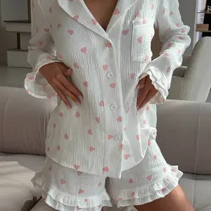 Luipaardprint Casual Shorts Femme Pyjama Set Nachtkleding Met Lange Mouwen Sexy Down Kraag Nachtkleding Losse Vrijetijdskleding