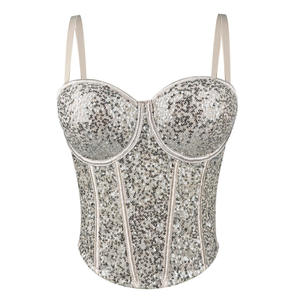 Top bustier en dentelle super court, sexy, ajusté, à sequins, pour femme, avec soutien-gorge intégré à baleines, collection printemps-été - Product Image 4