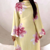 Gaun Abaya Maxi Lengan Lonceng Motif Bunga Hitam dengan Siluet A-Line yang Mengembang untuk Wanita Muslim yang Sopan, Pakaian Kasual Sehari-hari