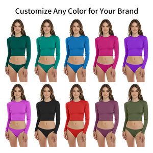 여성용 UPF 50+ 래쉬가드, 긴팔 크루넥 플랫락 심스 수영복 래쉬가드, 맞춤 나일론/스판덱스 수영복 크롭탑 - Product Image 4