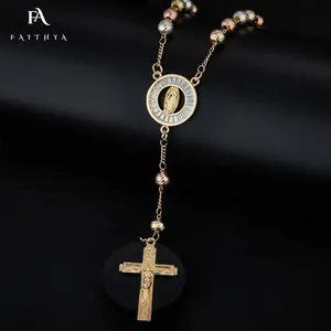 FN0005 Good Sell Virgin Mary Medal 3 Gold Cz Clear Gold Laminated 18K Rosary Beads Necklace Solid Gold Oro Laminado