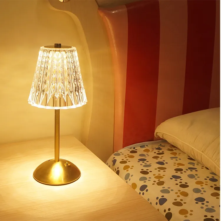 Portable Crystal Gold Metal Beside Lamps 3 Color Modes & Stepless Dimmable LED Touch Rechargeable Cordless Table Lamp