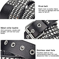 Ceinture tendance en similicuir noir cloutée, 3 rangées de clous pyramidaux, boucle à rouleaux argentée, style punk rock pour festival de musique