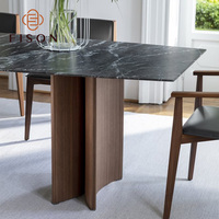 Table à manger moderne minimaliste en céramique noire italienne avec plateau en pierre et pieds en bois, 6 places, pour hôtel, restaurant, villa
