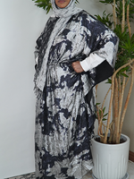 Robe longue de soirée pour femmes musulmanes, spéciale Eid, imprimé tie-dye noir et argent, taille froncée, abaya