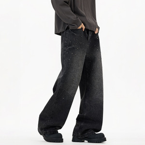 <span class=keywords><strong>Jeans</strong></span> Larghi da Uomo in Cotone Lavato con Strass Neri e <span class=keywords><strong>Grigi</strong></span>, Stile Americano Trendy High Street, Nuovi e Comodi - Product Image 4